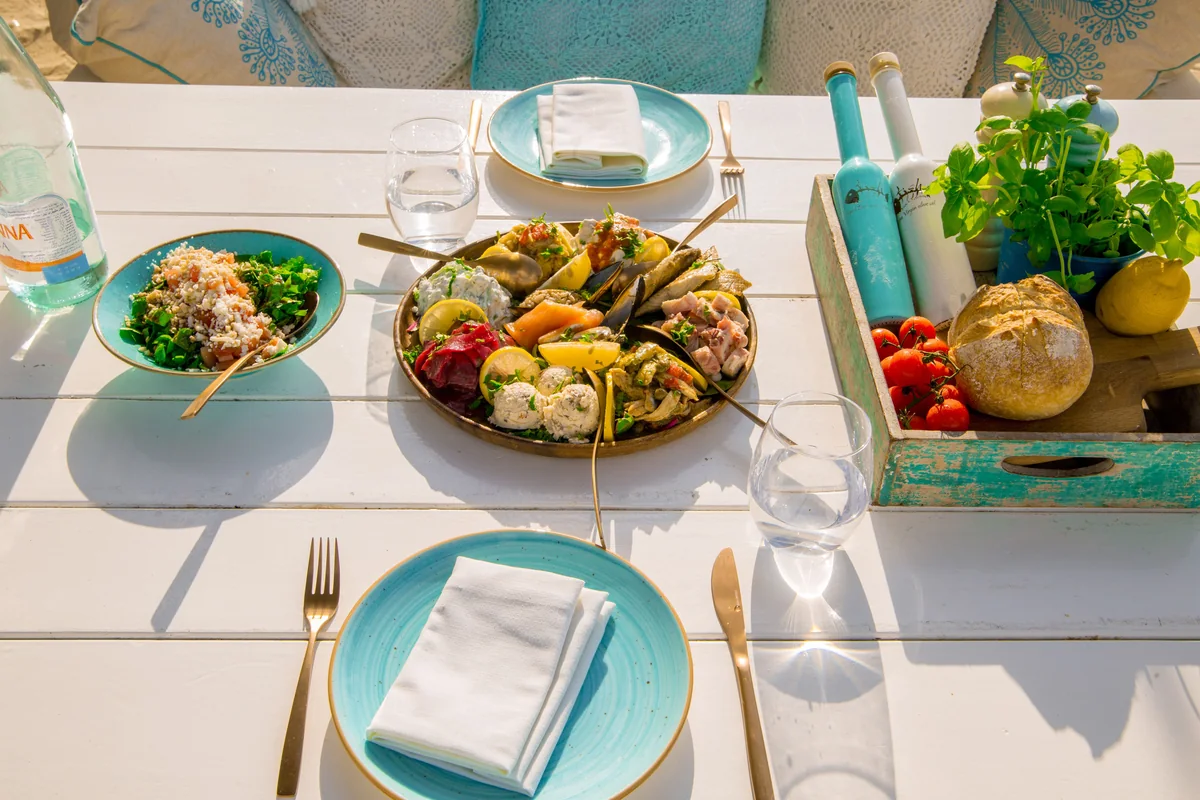 Mediterranean-style foods including vegetables, wholegrains, fish and herbs.