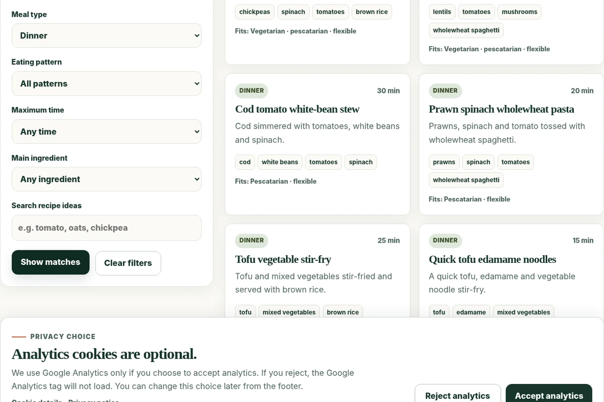 The Recipe Finder interface with meal and ingredient filters.