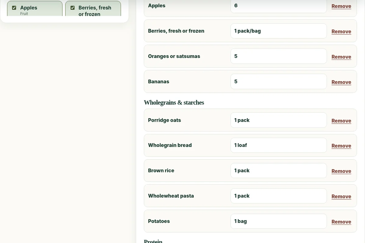 The Shopping List Builder interface with editable grocery categories.